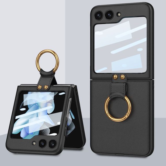 Compatible with Samsung Galaxy Z Flip 5 Case with Screen Protector Leather Z Flip 5 Case with Ring Kickstand-Black