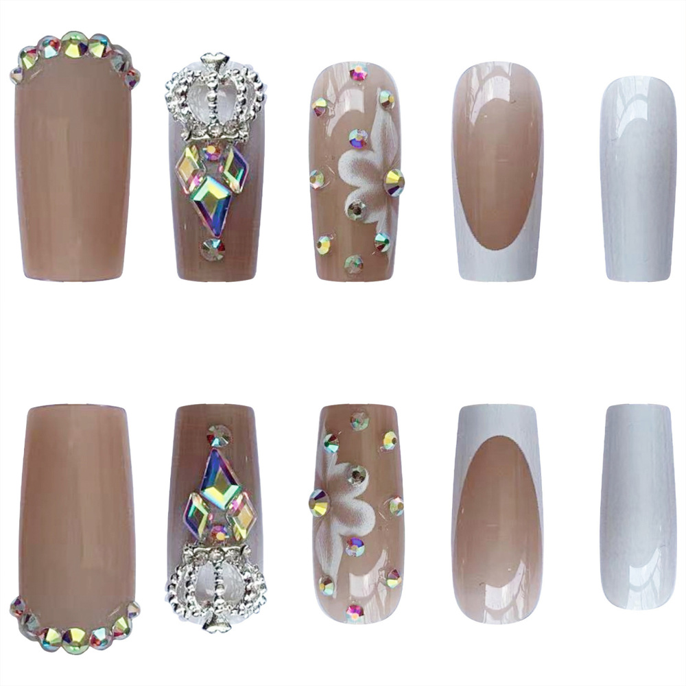 French Glue on Nails Kit Gradient Flower Rhinestone False Nails Stick on Nails for DIY AtHome