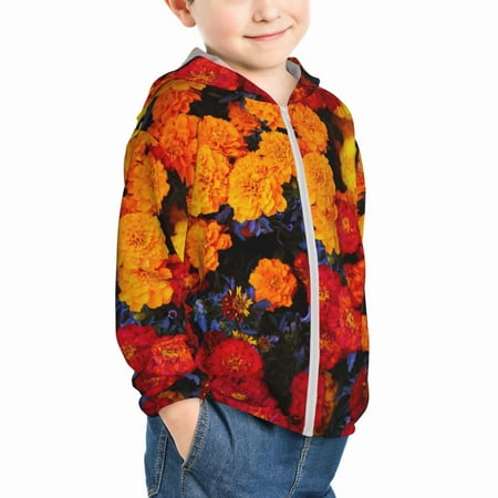 

Uemuo Marigold Flowers In Different Colors Pattern Rash Guard for Boys Girls Long Sleeve Swim Shirts UPF 50+ UV Sun Protection Hooded Fishing Shirt with Pocket for Kid-4 Years