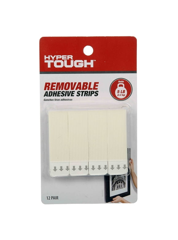 Hyper Tough Removable Adhesive Strips, Large, Holds up to 5 lb., 12 Pair, White