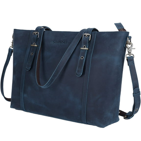STAR VISTA Scopella Vintage Full Grain Leather Tote, Womens Satchel Handbag, Womens Shoulder bag, YKK Zippers,Adjustable Handles&Strap,Trolley Sleeve (Dark Blue)