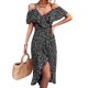 thumbnail image 1 of Vestido estampado Cuello en V Mangas con volantes florales elegantes Vestido largo irregular con cinturón Negro M, 1 of 6
