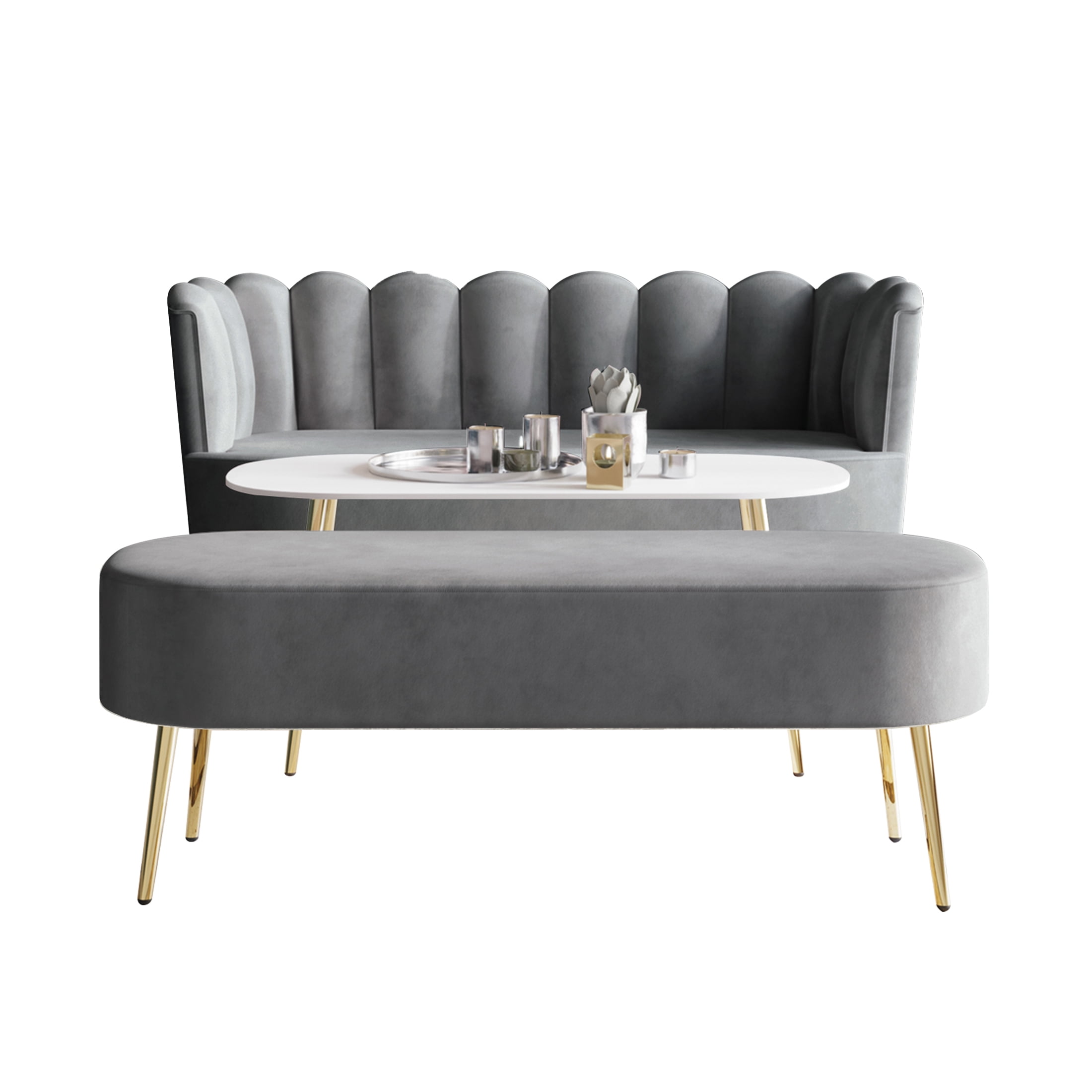 Castle Place Modern Luxury Upholstered Velvet Love Seat with Bench and Coffee Table, Light Grey