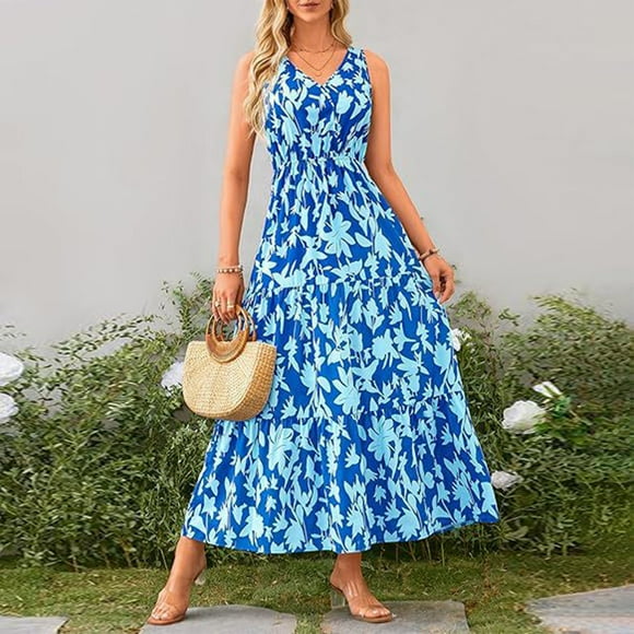 FcBaudy Sleeveless V-Neck Dress,Womens Dresses,Summer Dresses for Women Women's Casual Printed Pleated Elastic Waist Sleeveless-Neck Dress Women Dress