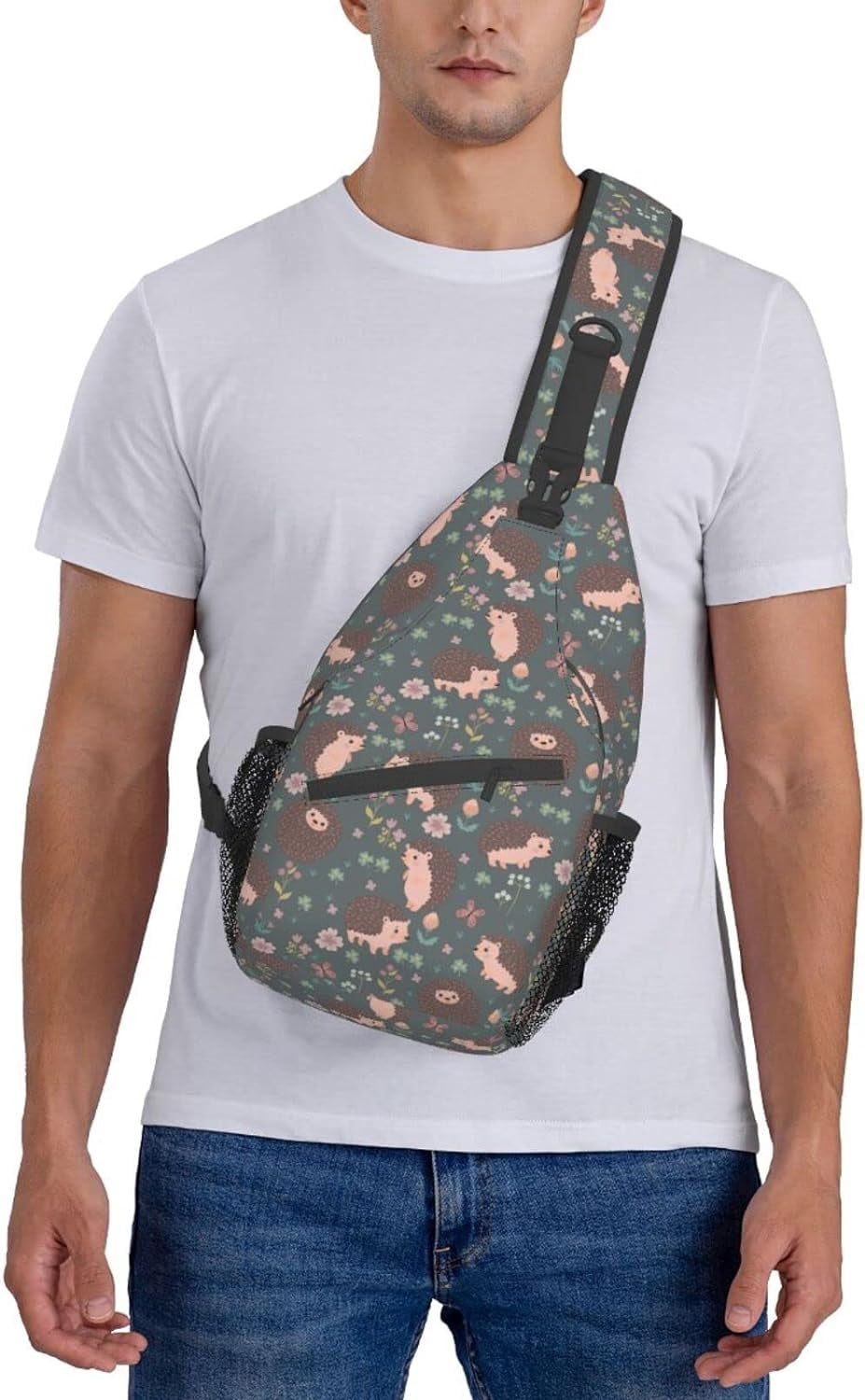 Cute Hedgehog and Flowers Pattern Sling Bag Crossbody Hiking Travel Chest Bags Backpack Shoulder Daypack for Women Men