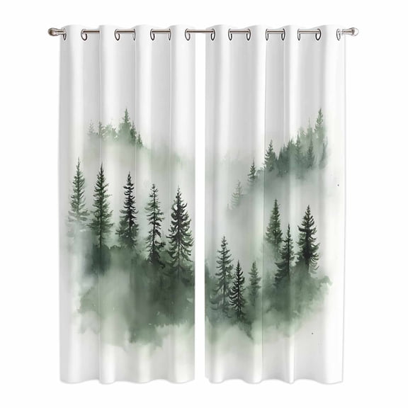Foggy Forest Kitchen Curtains 84 Inch Length, Green Mist Mountain Natural Landscape Grommet Top Bedroom Living Room Curtains, Light Filtering Cafe Curtain Drapes 2 Panels Set 84''x84''