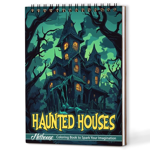 NETHOUSE Haunted Houses Coloring Book Spiral Bound for Adults, A5 Wooden Cover, 30 Spooky Coloring Pages of Creepy Castles for Stress Relief and Relaxation