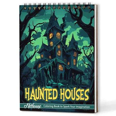 NETHOUSE Haunted Houses Coloring Book Spiral Bound for Adults A5 Wooden Cover 30 Spooky Coloring Pages of Creepy Castles for Stress Relief and Relaxation
