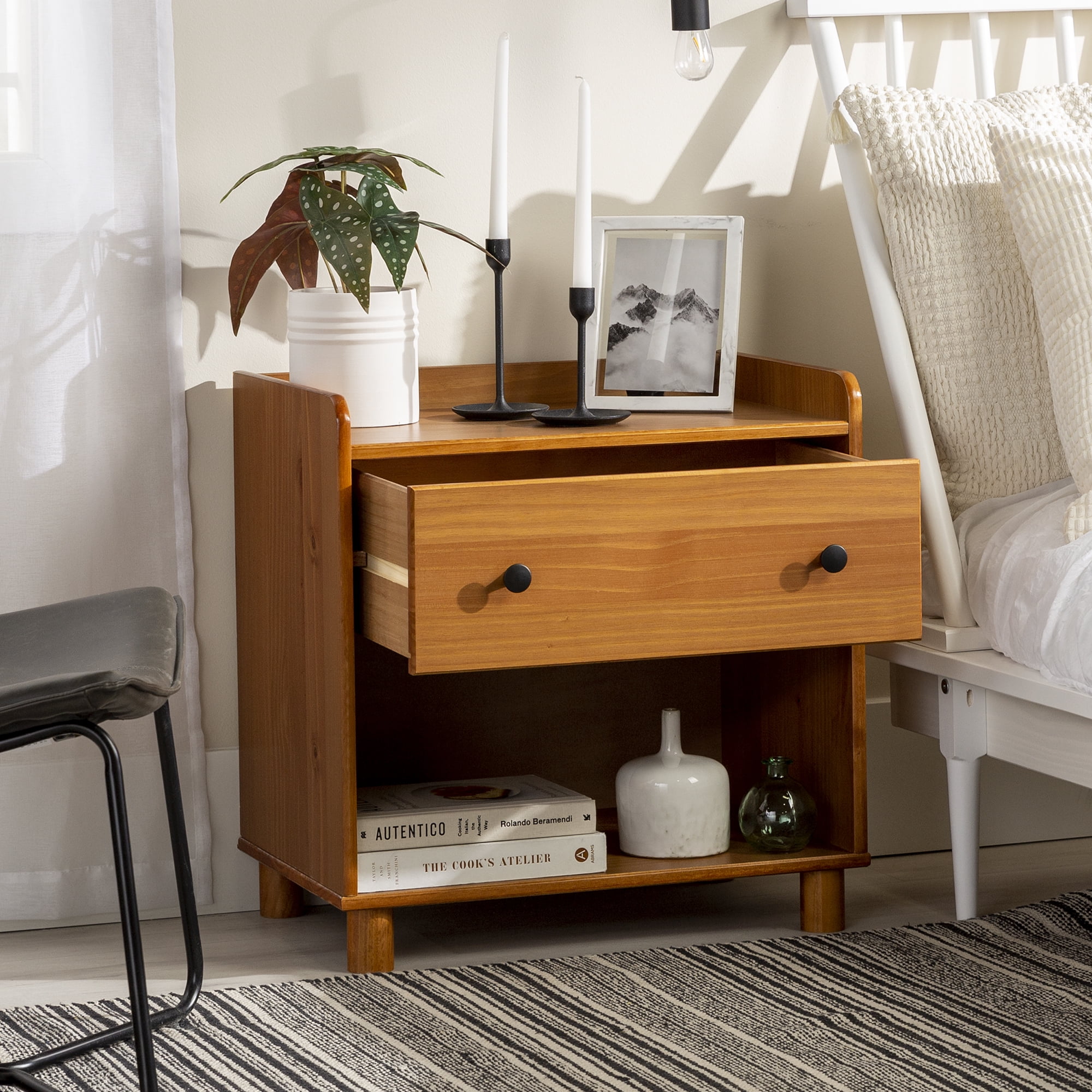 Walker Edison Mid Century Modern Tray Top Caramel Nightstand