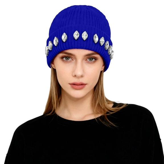 AWZXDE Beanie Hats For Women Pearl Chain Rhinestone Knitted Cap Unique Versatile Warm Ear Covering For Autumn Winter Blue