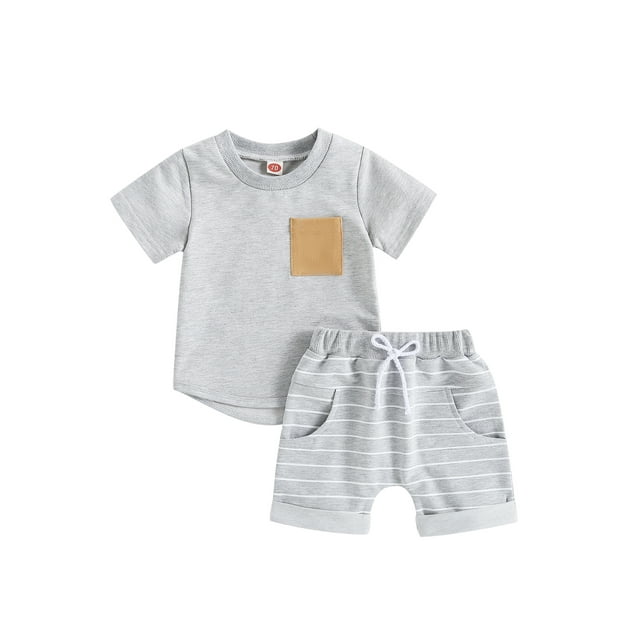 Gupgi Toddler Boy 2Pcs Clothes Set Short Sleeve Solid Color T-Shirts with Stripe Print Shorts
