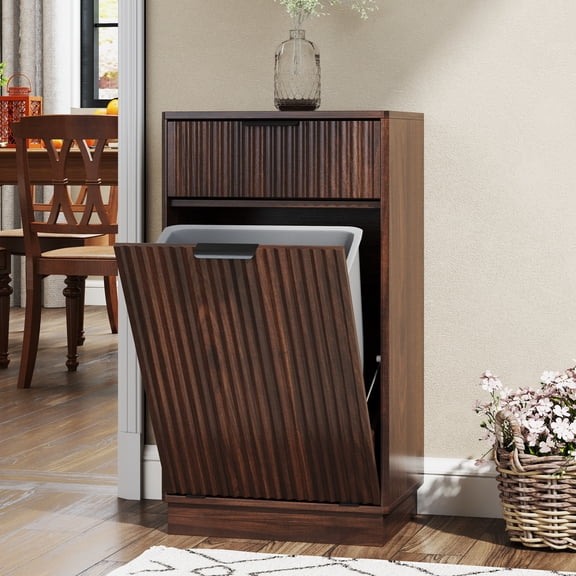 Aukfa 10-Gallon Tilt-Out Trash Can Cabinet - Wood Garbage Bin Enclosure with Drawer for Kitchen/Bathroom/Living Room,Walnut
