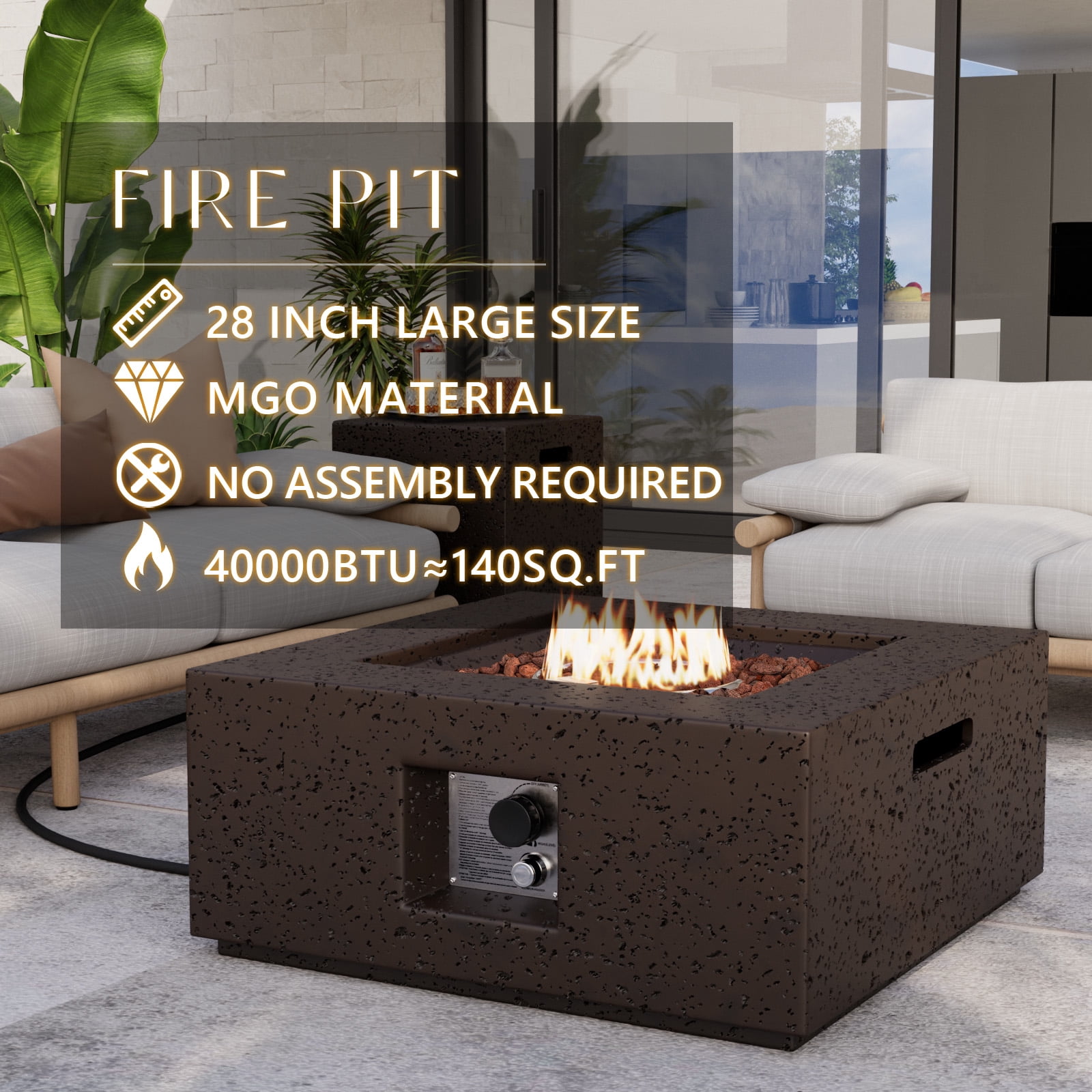 COSIEST 28" Square Fire Pit Coffee Table,40,000 BTU High Heat,Portable Patio Heater w/Lava Rocks & Tank Cover