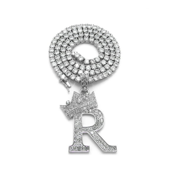 iJewelry2 Kings and Queens Crowned Initial Letter R Pendant Silver-tone CZ Tennis Chain Necklace 18''