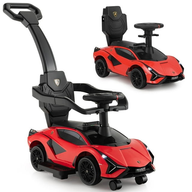 OLAKIDS Voiture Pousse-Pousse 3 en 1, Poussette Lamborghini sous Licence, Voiture Glissante et de Marche avec Poignée de Poussée, Musique, USB, Phare, Rangement sous le Siège, Jouet à Pousser avec les Pieds pour Enfants de 18 à 60 Mois
