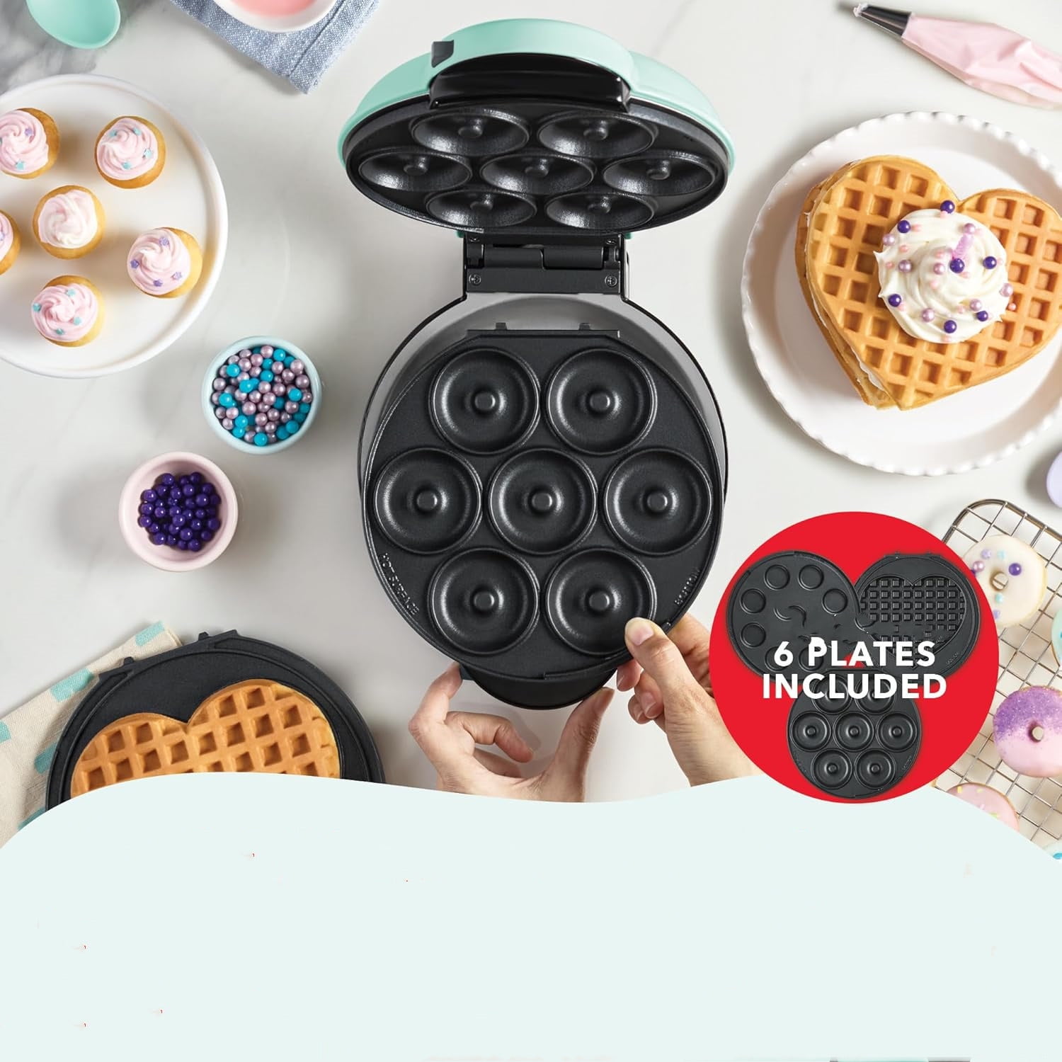 Treat Maker System, Mini Donuts, Heart Shaped Waffle, Mini Cupcakes - Aqua