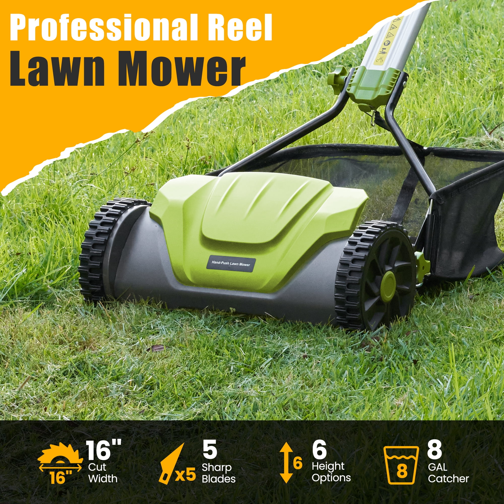 Naipo Push Reel Lawn Mower, 16-in 5-Blade for 6 Height Adjustable(0.6~1.6) Manual Lawn Mower with 8-Gallon Grass Bag, for Small Lawns, Green