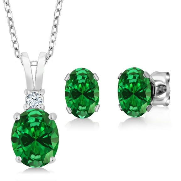 Gem Stone King 4.63 Cttw Green Simulated Emerald Pendant and Earrings Jewelry Set for Women | 925 Sterling Silver | With 18 inch Silver Chain | Fine Jewelry Gifts for Women Mom Wife Her