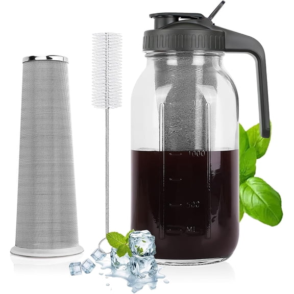 Cold Brew Coffee Maker - 64 Oz Heavy-Duty Glass Mason Jar Pitcher with Stainless Steel Filter, Leak-Proof Lid, Ergonomic Handle & Precision Pour Spout – Ideal for Iced Coffee, Tea, Cold Brew (Black)