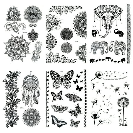 6 Sheet Henna Tattoo Stickers Black Lace Mehendi Temporary Tattoos for Adventurous Women Teens & Girls Metallic