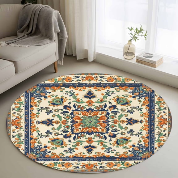 Orange Blue Green Southwestern Round Rug 3ft Washable Circle Entryway Rugs Non Slip Boho Geometric Ethnic Area Rug Indoor Floor Carpet for Bedroom Kitchen Living Room Home Office Dining Room Nursery