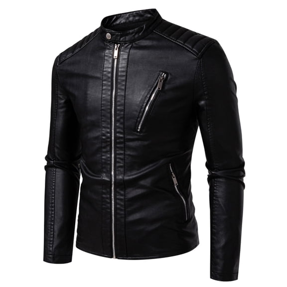 Men's casual stand-up collar jacket, PU leather jacket, motorcycle suit, diagonal zipper pocket design