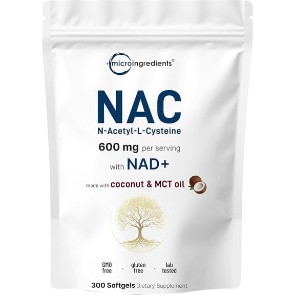 Micro Ingredients NAC Supplement 600mg with NAD  & Coconut Oil, 300 Softgels | 2-in-1 N Acetyl L Cysteine Plus Nicotinamide Forms