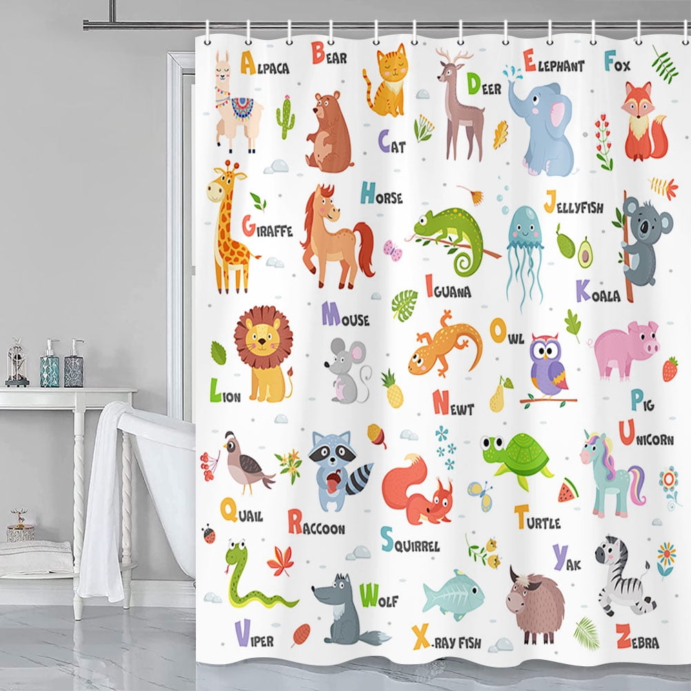 Kids Alphabet Shower Curtain Sets for Bathroom Decor, Brown and White Shower Curtain with Non-Slip Rugs, Toilet Lid Cover and Bath Mat, Bathroom Sets