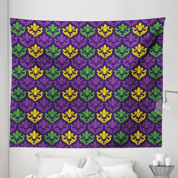 Mardi Gras Tapestry, Antique Old Fashioned Motifs in Mardi Gras Holiday Colors Tile Pattern, Fabric Wall Hanging Decor for Bedroom Living Room Dorm, 5 Sizes, Purple Green Yellow, by Ambesonne