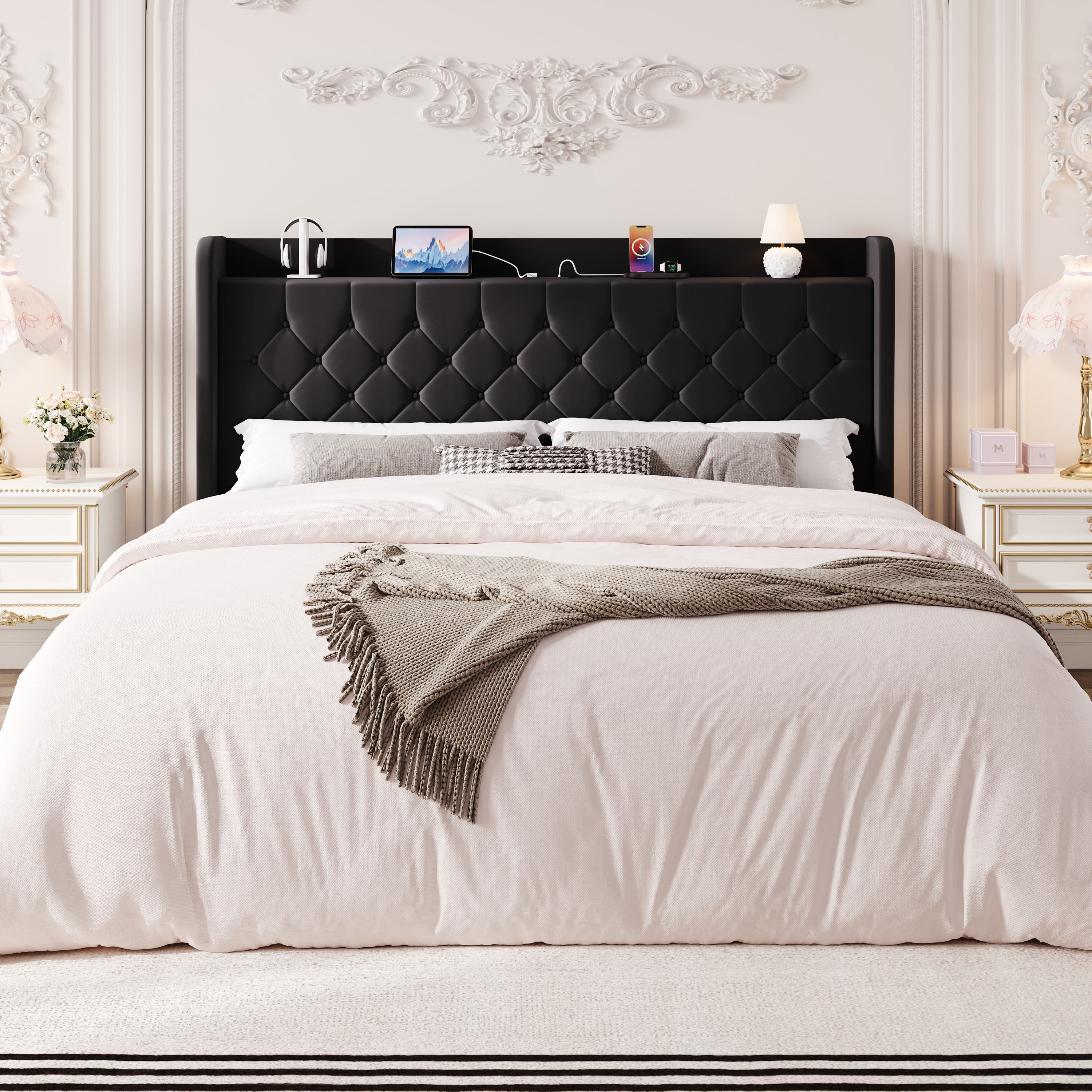 Einfach King Bed Frame, Upholstered Platform Bed with Storage Wingback Headboard and Fast Charging Hub, No Box Spring Required, Black