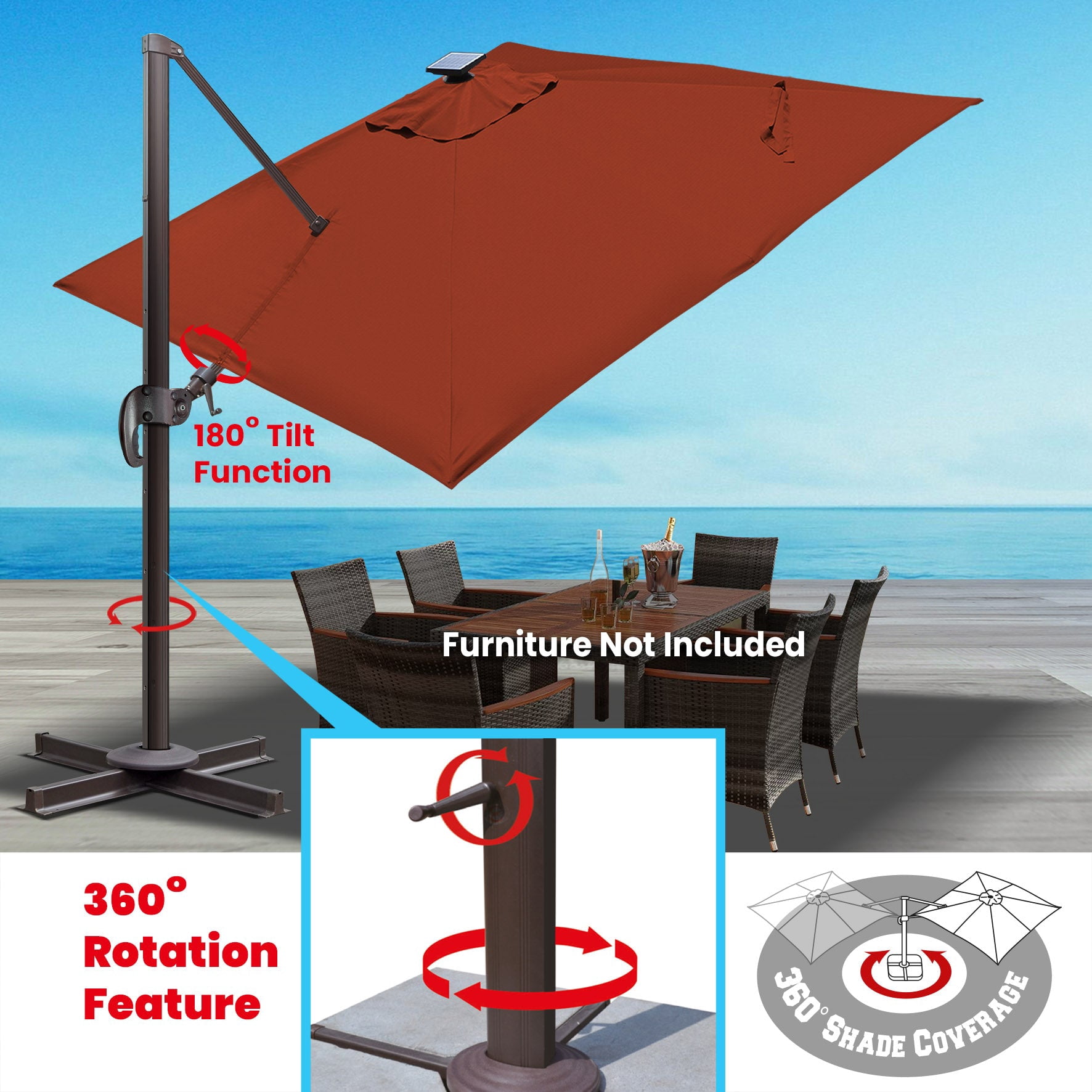 SUNRISEUMBRELLA Square 10'x10' Deluxe Roma square cantilever umbrella, With LED light(Henna)