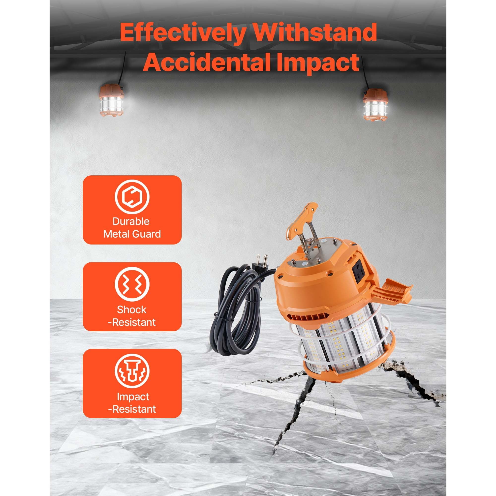 LED Temporary Work Light 60W 8200lm 360° Illumination Linkable with Metal Guard for Construction Site