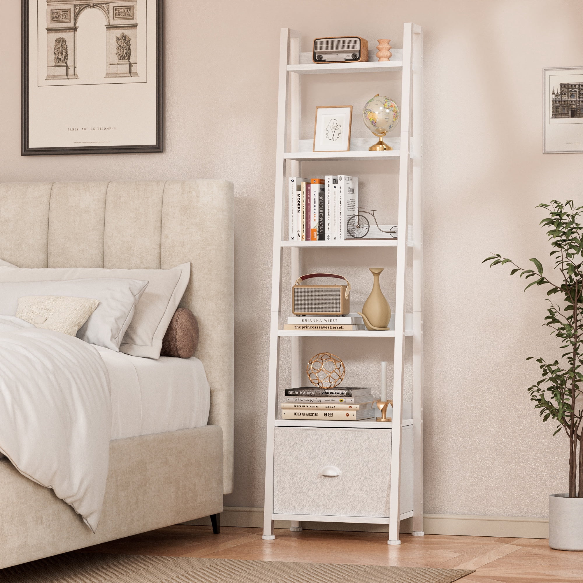 Tydimor 6-Tier Leaning Ladder Bookshelf with Fabric Drawer, White Leaning Bookcase with Storage Shelves for Home Office Living Room Bedroom