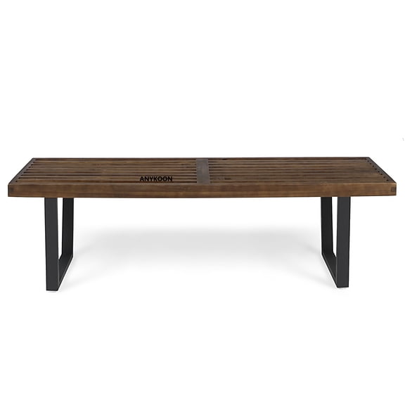 Anykoon JOA Patio Dining Bench, Dark Brown Acacia Wood Slatted Seat with Black Iron Legs, Weather‑Resistant Contemporary Outdoor Bench
