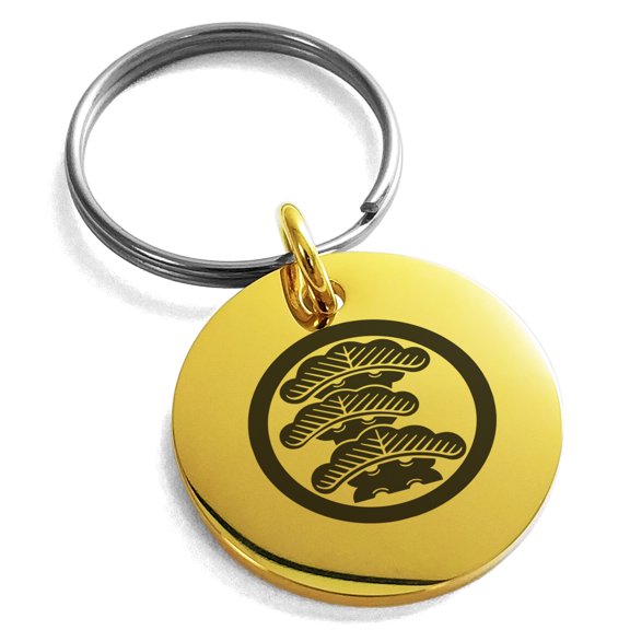 Stainless Steel Three-Tiered Pine Kamon Crest Engraved Small Medallion Circle Charm Keychain Keyring