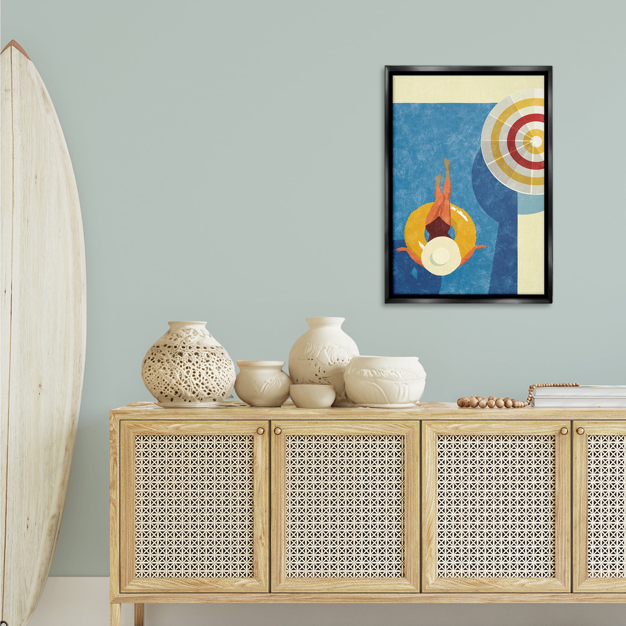 Stupell Industries Relaxing on Pool Float Novelty Painting Black Floater Framed Canvas Art Print Wall Art, 21 x 31
