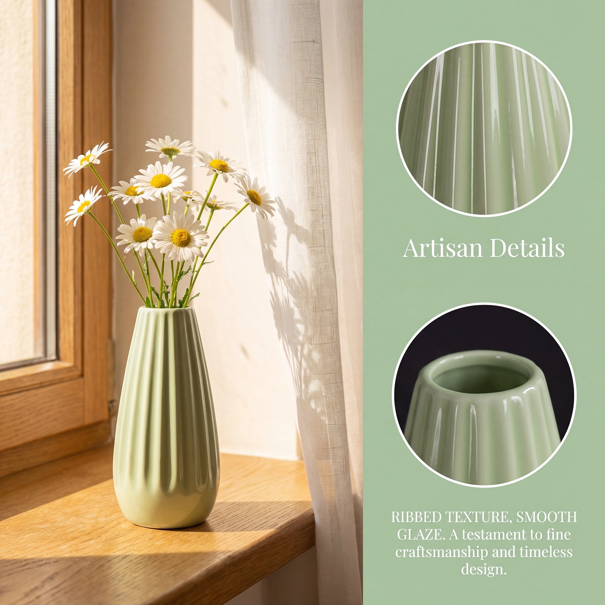 Unique Bargains Mini Ceramic Matte Ribbed Flower Vase Green 2.4"L x 2.4"W x 5.1"H