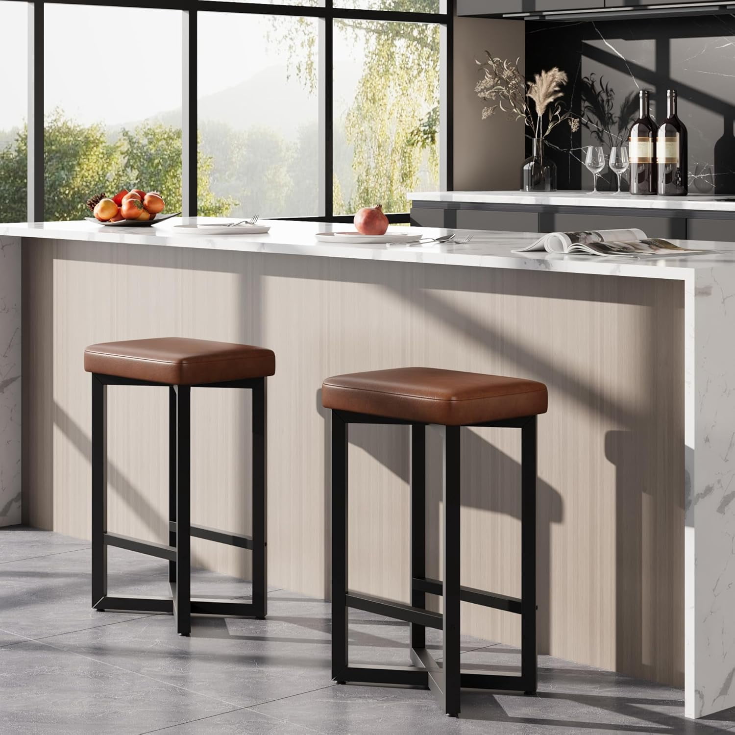 Towallmark Bar Stools Set of 2, 24.6" Counter Height Backless Barstools, Upholstered PU Leather Seats with Metal X-Frame & Footrest, Modern Kitchen Stools for Home Bar, Dining Room, Brown