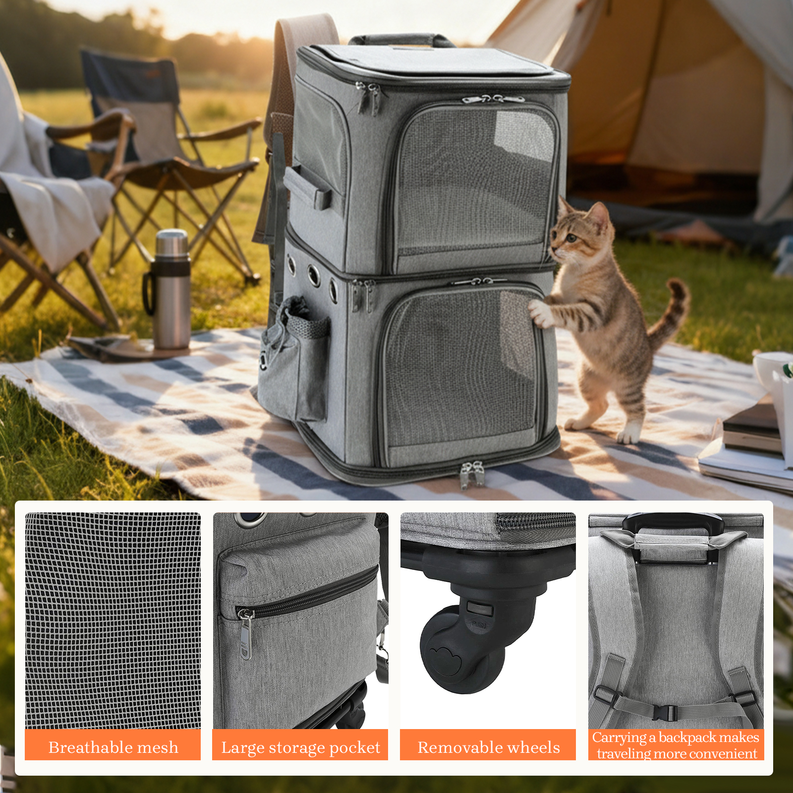 ManyFun Extra Large Double-Compartment Pet Carrier Backpack with Wheels for Small Dogs and Cats, Cat Rolling Carrier for 2 Cats, Perfect for Traveling/Taking a Walk/Trips to The Vet, Grey
