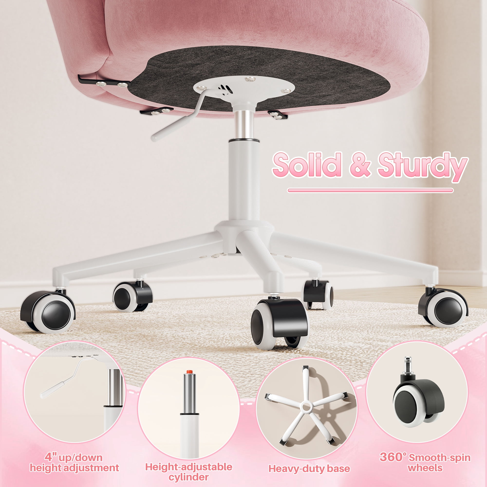 Romorgniz Velvet Vanity Chair with Petal Backrest Height Adjustable Desk Chair with Wheels Seashell Makeup Chair for Bedroom, Pink