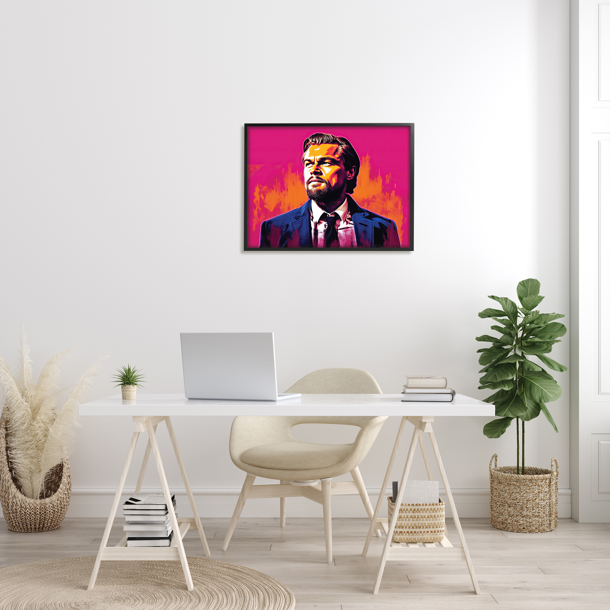 Stupell Industries Leonardo DiCaprio on Pink Abstract Painting Black Framed Art Print Wall Art, 30 x 24