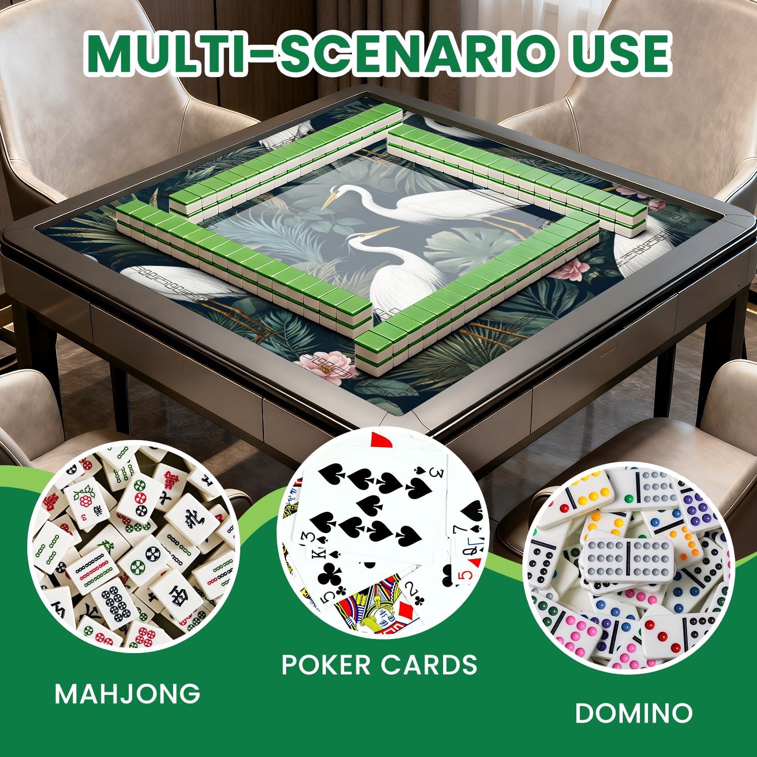 Mahjong Mat 31.5" x 31.5" Seamless chinoiserie style herons birds peonies Non-Slip Noise Reduction American Mahjong Tiles Table Cover for Dominoes Poker Card Board Games Gift