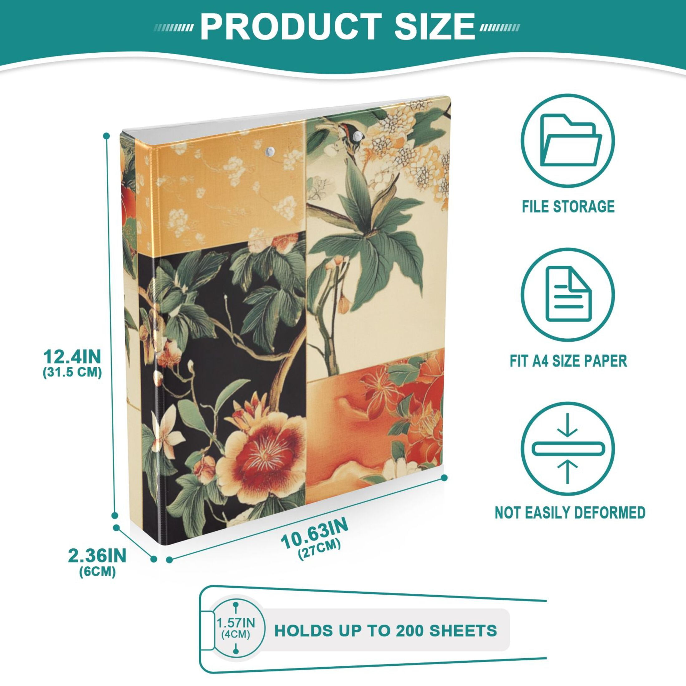 Bohemia Flowers Grids 3 Ring Binders 1.5 inch Hardcover File Folders with Interior Pockets A4 Size Organizer for School Office Hospital