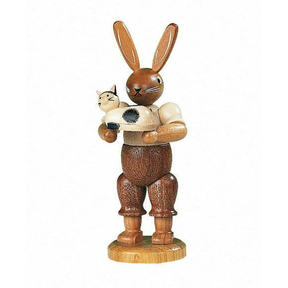 Easter bunny, male with little cat, height 11 cm / 4 inch, original Erzgebirge by Müller Seiffen