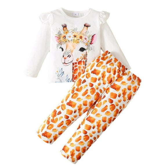 WOYY Toddler Girls Giraffe Outfits Long Sleeve T-Shirt Pants Clothes Set, Sizes 1-2T