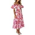 thumbnail image 3 of Women'S Summer Casual Midi Dress Puffy Short Sleeve Square Neck Smocked Tiered Ruffle Dresses Light Red Flowers M, 3 of 7