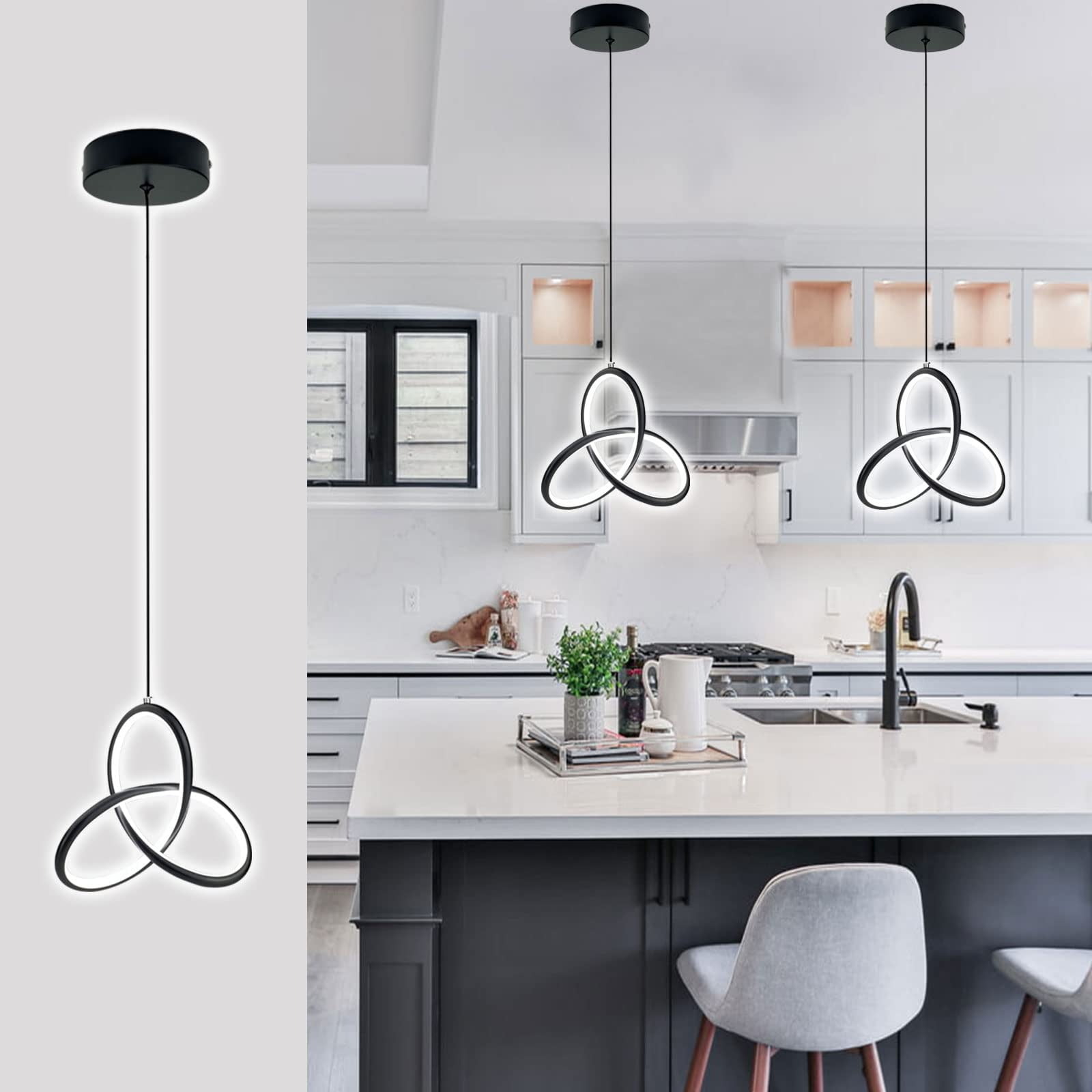 ADISUN Modern Black LED Pendant Light -Light 15W Adjustable Ceiling Hanging Lamp with Acrylic Shade