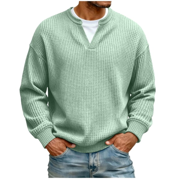 Yaoyar Mens Long Sleeved V-neck Casual Tee Fake Two Piece Waffle Casual Breathable Top Button Shirt Casual Shirt Henley Shirt