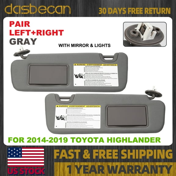 Dasbecan 2PCS Gray Sun Visor Left & Right W/ Lights For Toyota Highlander 2014-2019