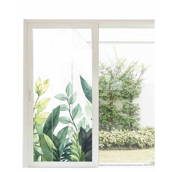 Window Privacy Film Green Leaves Stained Glass Window Film Decorative Sun Block Window Cover Summer Botanical Tropical Plants Leaf Window Clings Static Adhesive Sticker for Bathroom 35.4"x78.7"